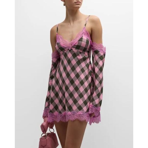 MOSCHINO JEANS Check Lace Long-Sleeve Mini Dress - Fantasy Print Green 44/US8 - Picture 1 of 7